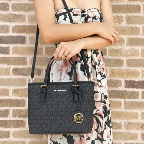 Michael Kors Jet Set XS Carryall Tote Brown MK Logo Signature + Black Wallet - Picture 4 of 10